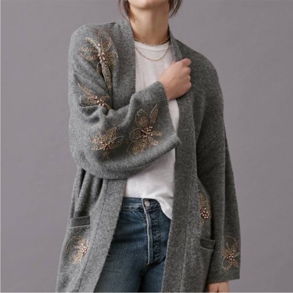 Anthropologie Sweaters - Anthropologie Sweater Gray Embroidered Floral and Jewels Open Cardigan ONE SIZE